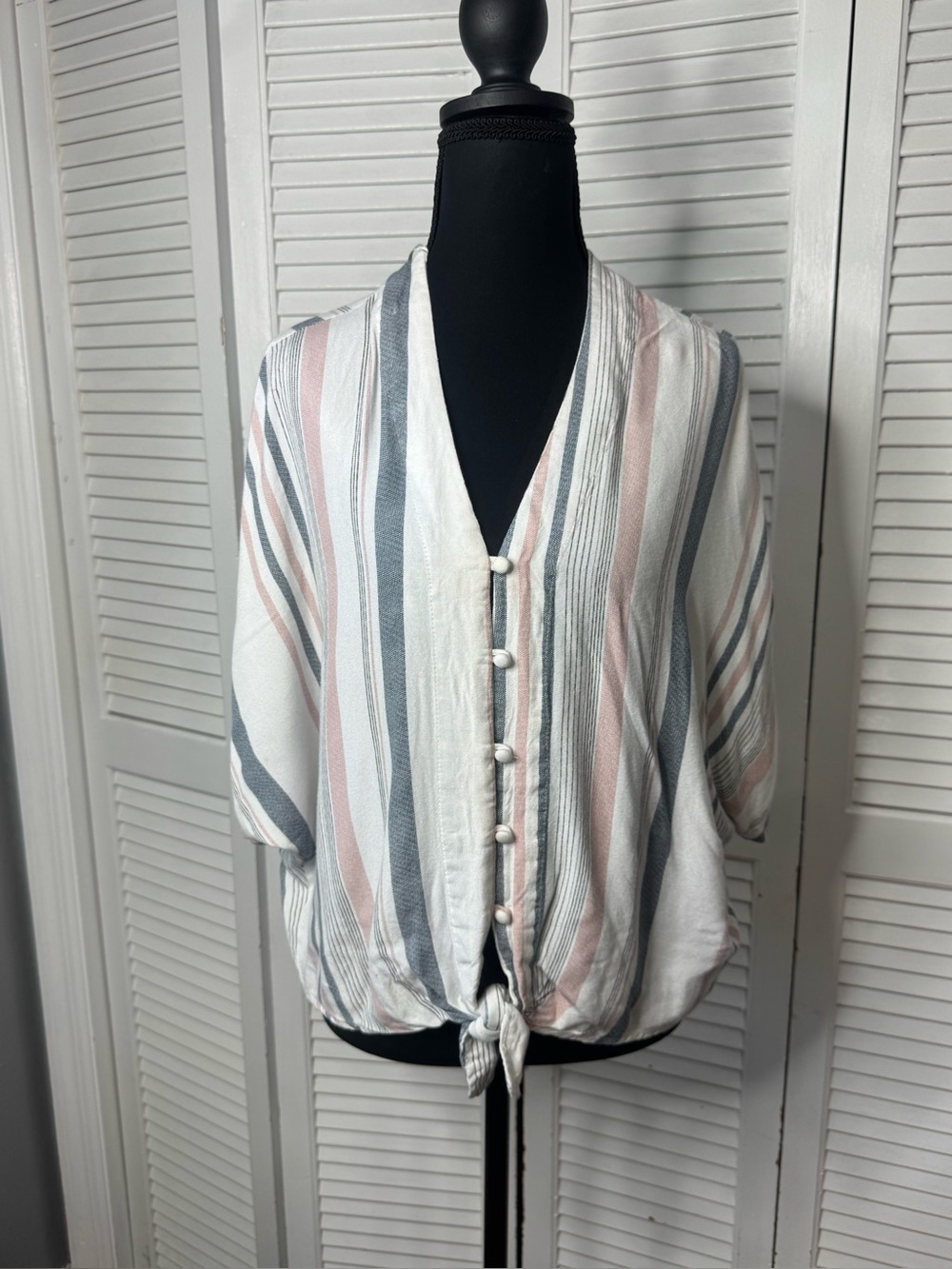 Boho Striped Tie-Front  Blouse in White, Blush & Gray Coastal grandmother Large